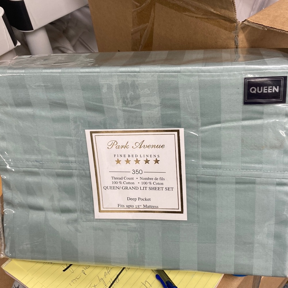 Queen Park Avenue sheet set aqua damask stripe 350 thread count cotton